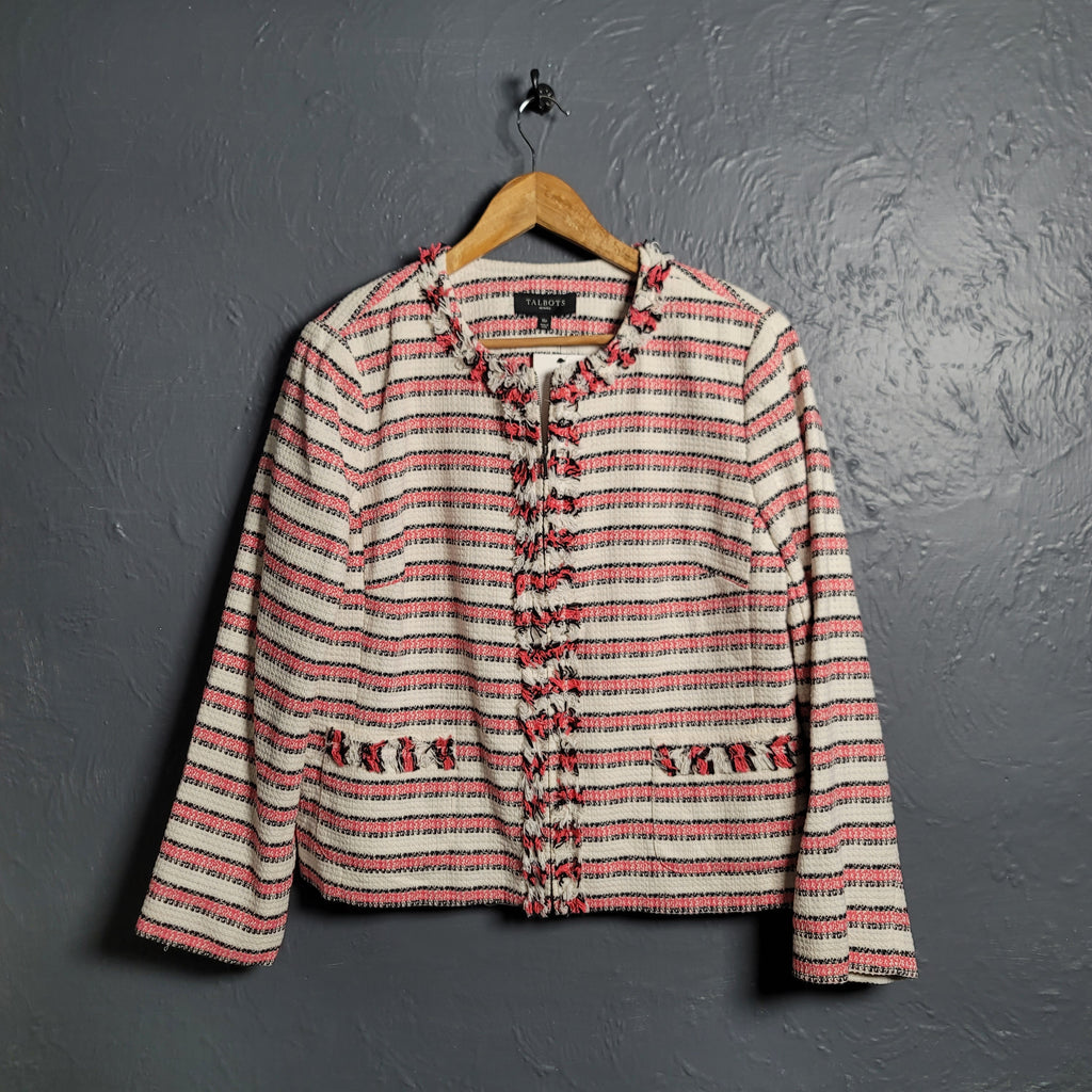Talbots Striped Fringe Zip Jacket With Woven Patch Pockets Lined