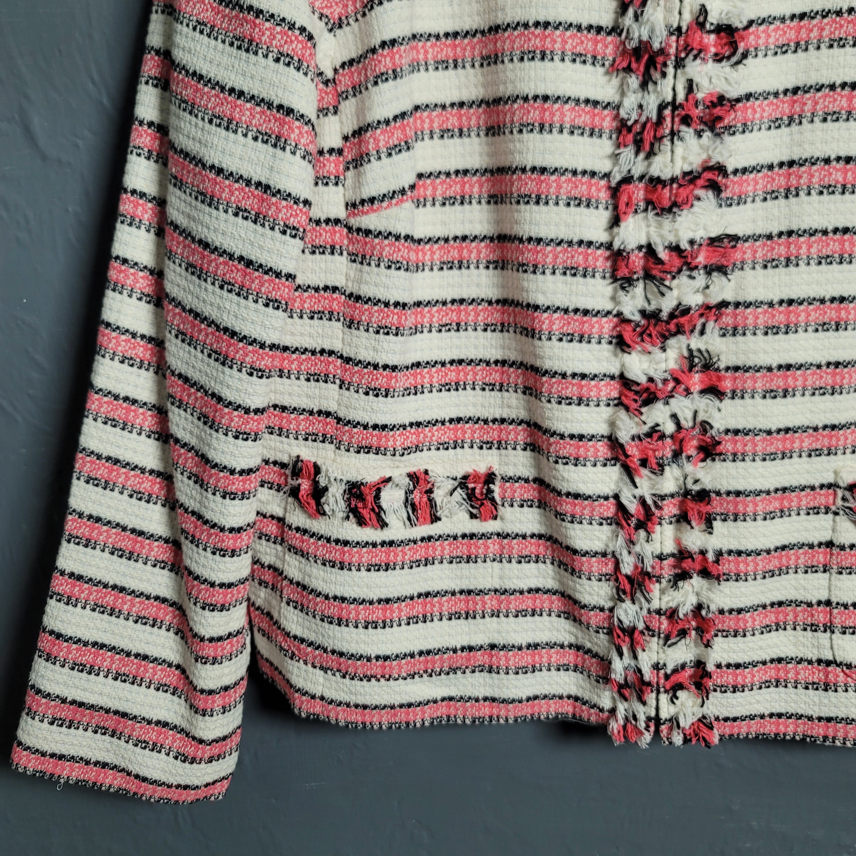 Talbots Striped Fringe Zip Jacket With Woven Patch Pockets Lined