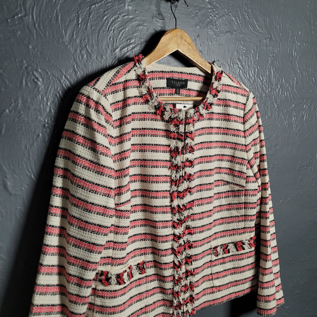 Talbots Striped Fringe Zip Jacket With Woven Patch Pockets Lined