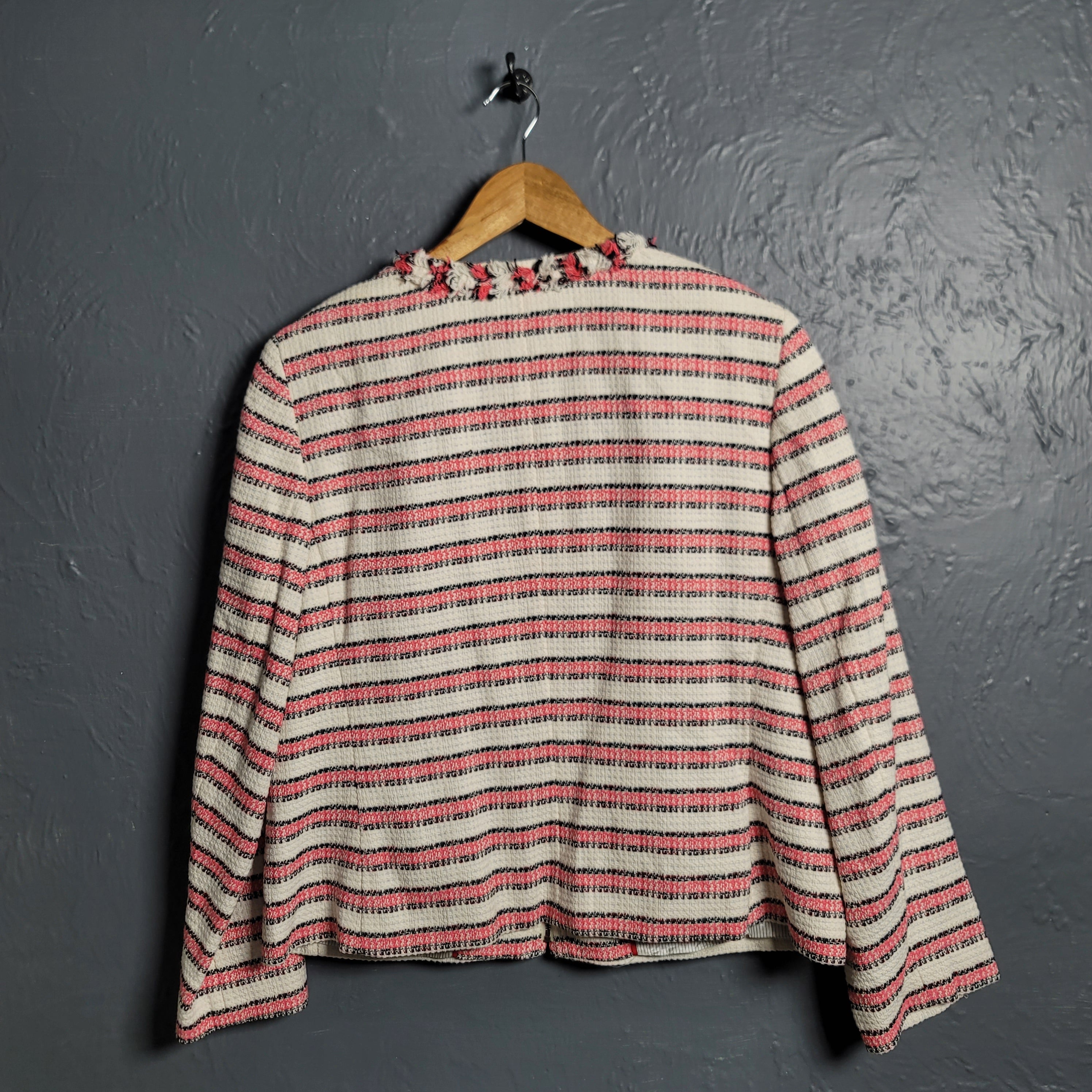 Talbots Striped Fringe Zip Jacket With Woven Patch Pockets Lined