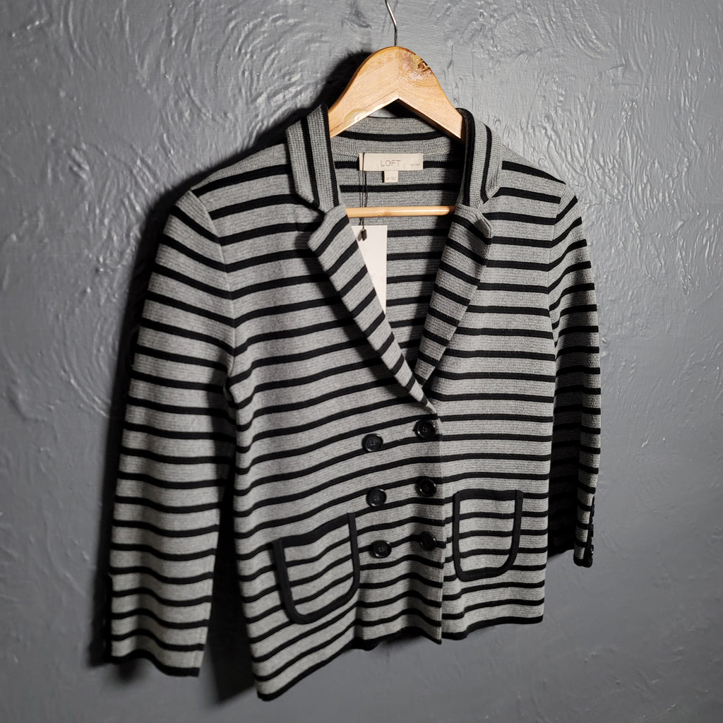 LOFT Stripe Double Breasted Knit Blazer Gray & Black