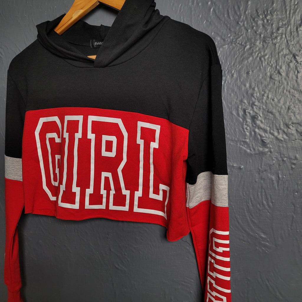Women's Red & Black Cropped Hooded Sweatshirt