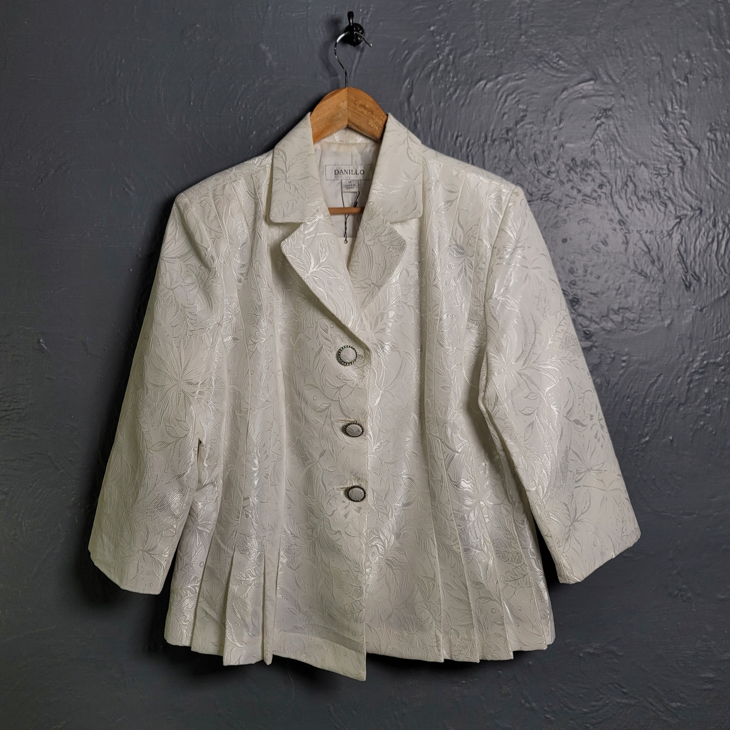 Women's Danillo sparkling white floral designer jacket with rhinestone trimmed fabric buttons