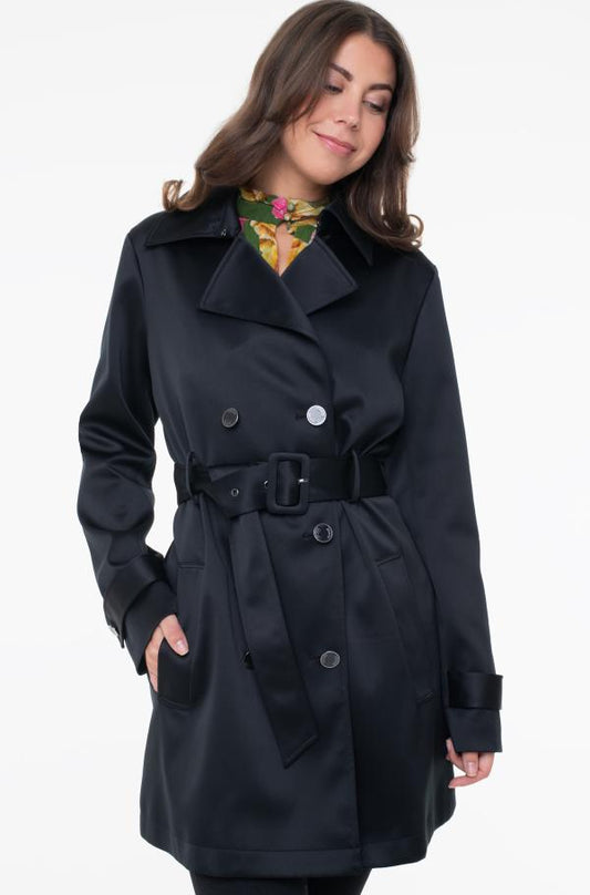 Women's Dark Navy Blue Satin Shiny Trench Coat