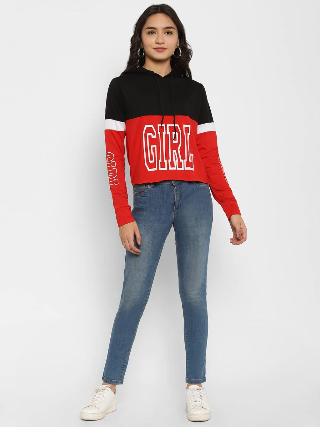 Women's Red & Black Cropped Hooded Sweatshirt