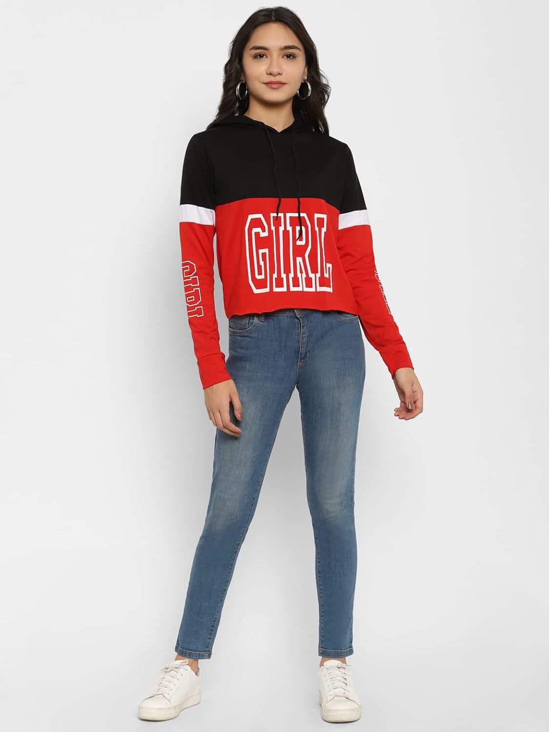 Women's Red & Black Cropped Hooded Sweatshirt