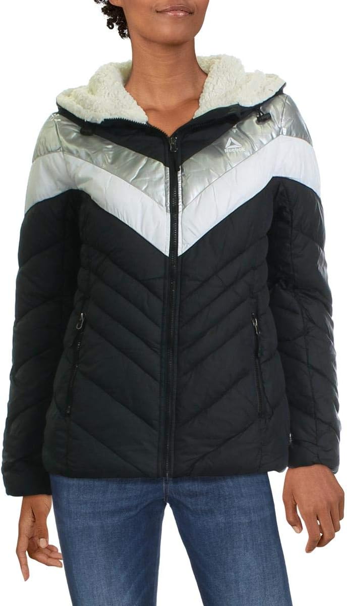 Reebok Black and white with Glacier Shield insulation. 2 zippered pockets and a Sherpa-like lined hood (Unisex)