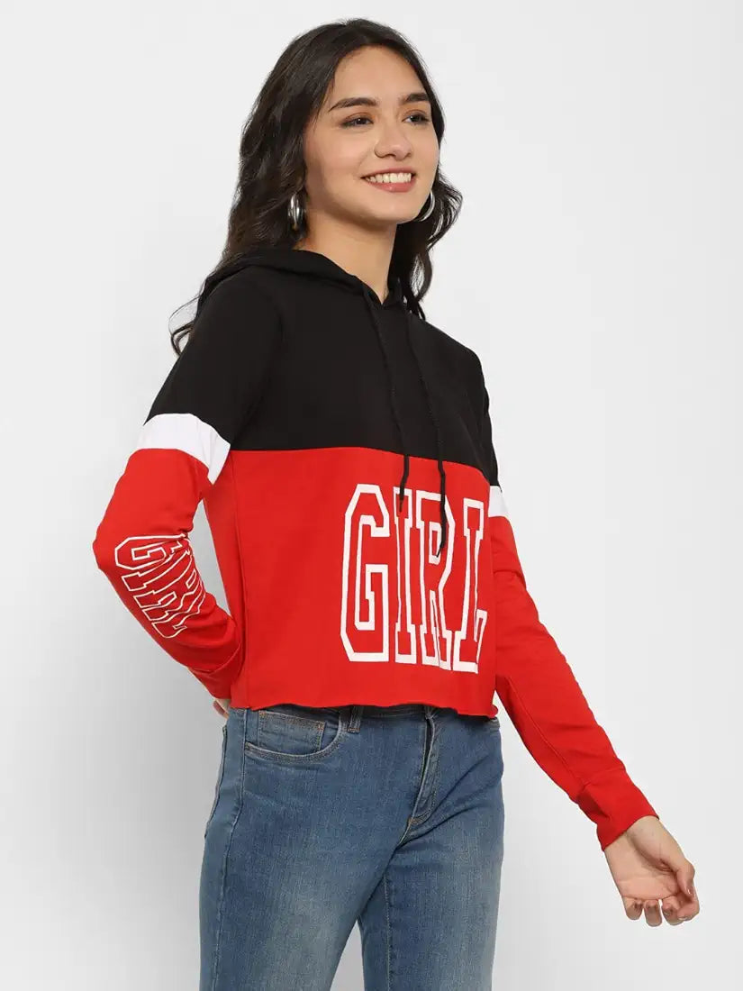 Women's Red & Black Cropped Hooded Sweatshirt