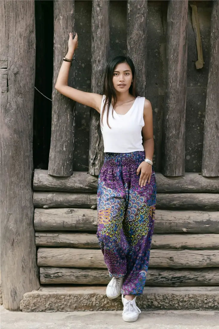 Smocked Waist Boho Peacock Harem Jumpsuit Pants (Lofbaz) - THE GREY AREA