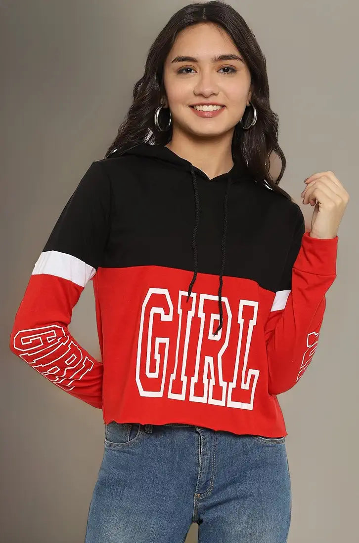 Women's Red & Black Cropped Hooded Sweatshirt