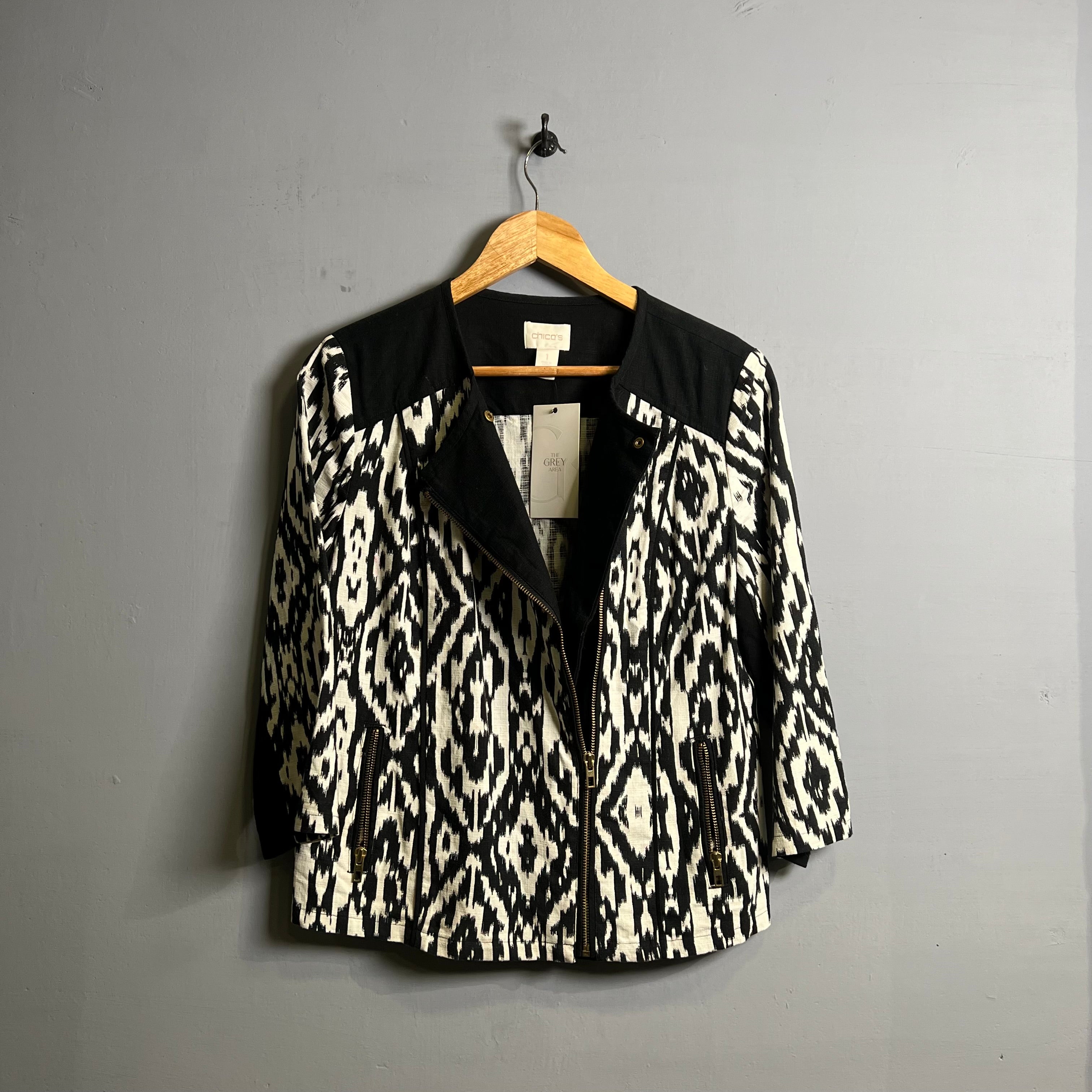 Ikat Designer Black-And-White Moto Jacket (Chicos) - THE GREY AREA