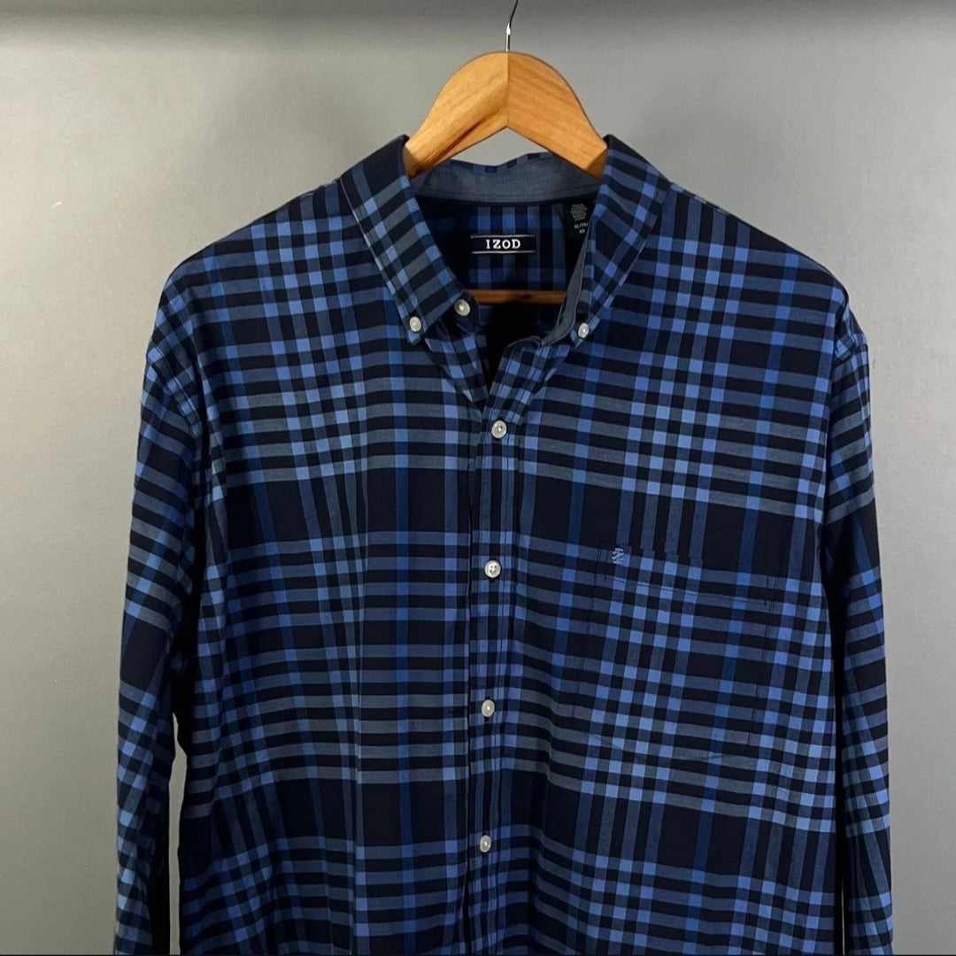Blue Checks Button-up Casual Shirt (IZOD) - THE GREY AREA