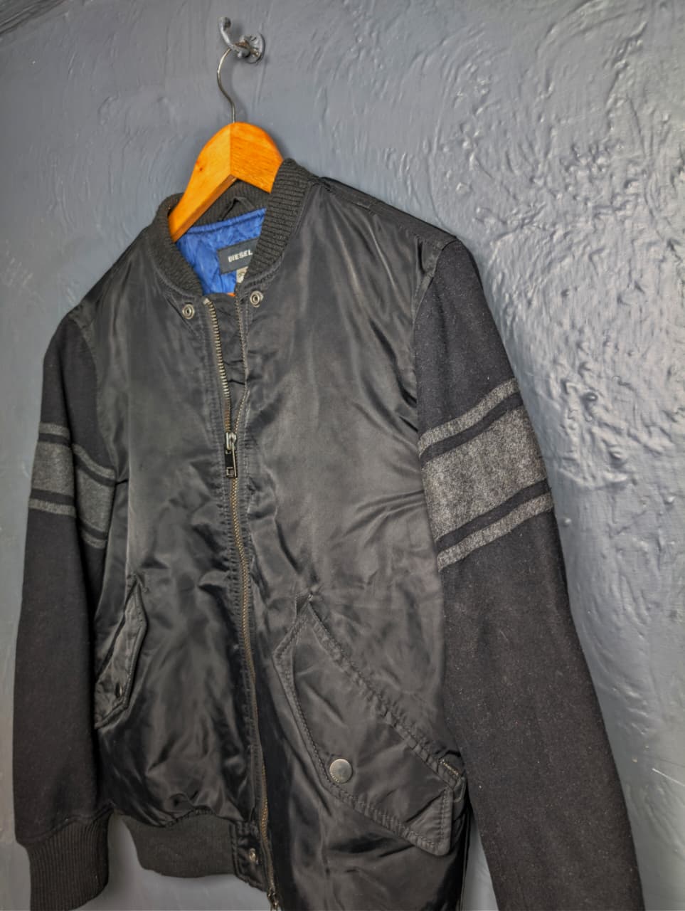 Men's Diesel MA-1 bomber jacket with wool sleeves.