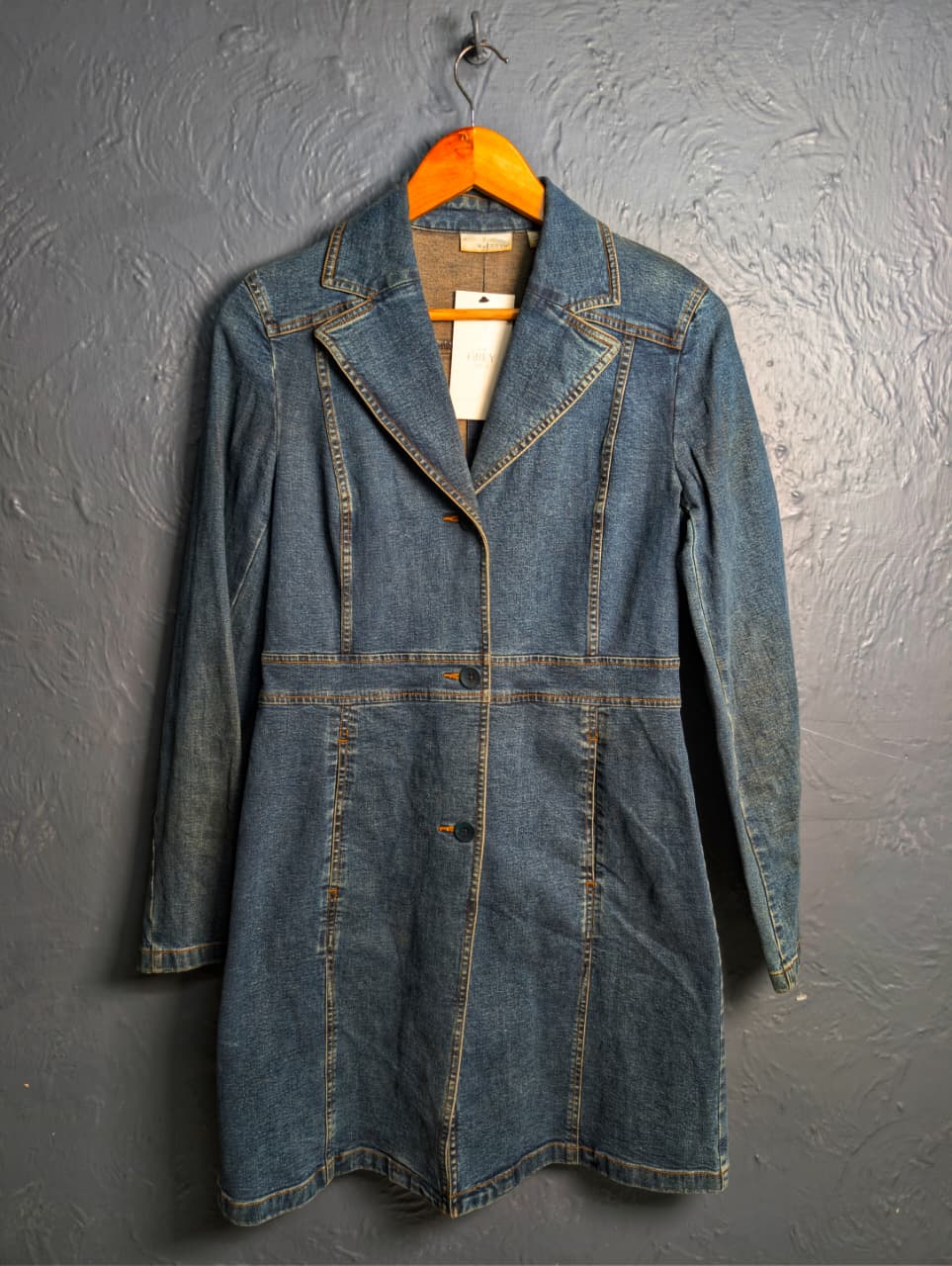 Vintage-inspired, Y2K-era long denim trench coat