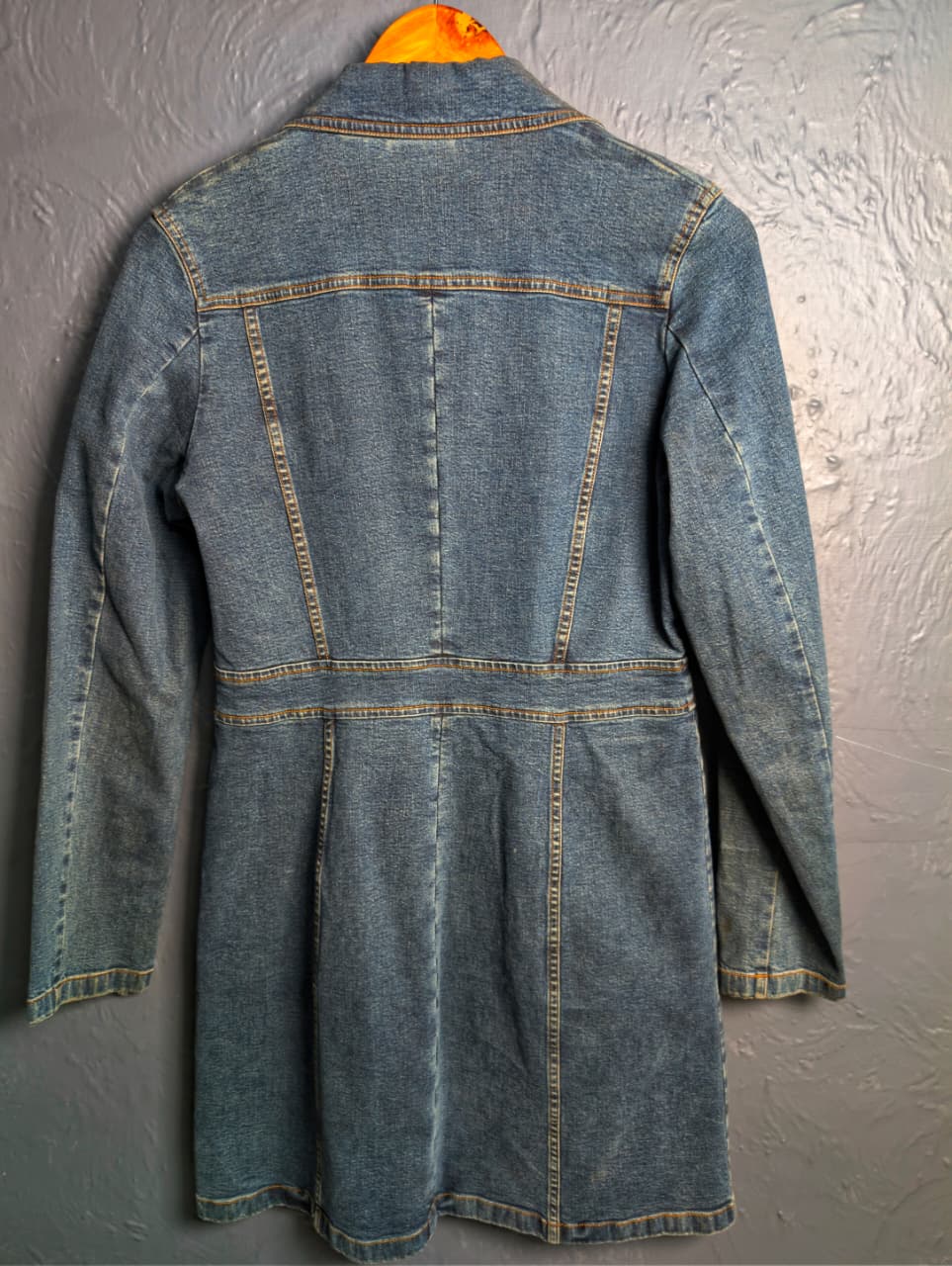 Vintage-inspired, Y2K-era long denim trench coat