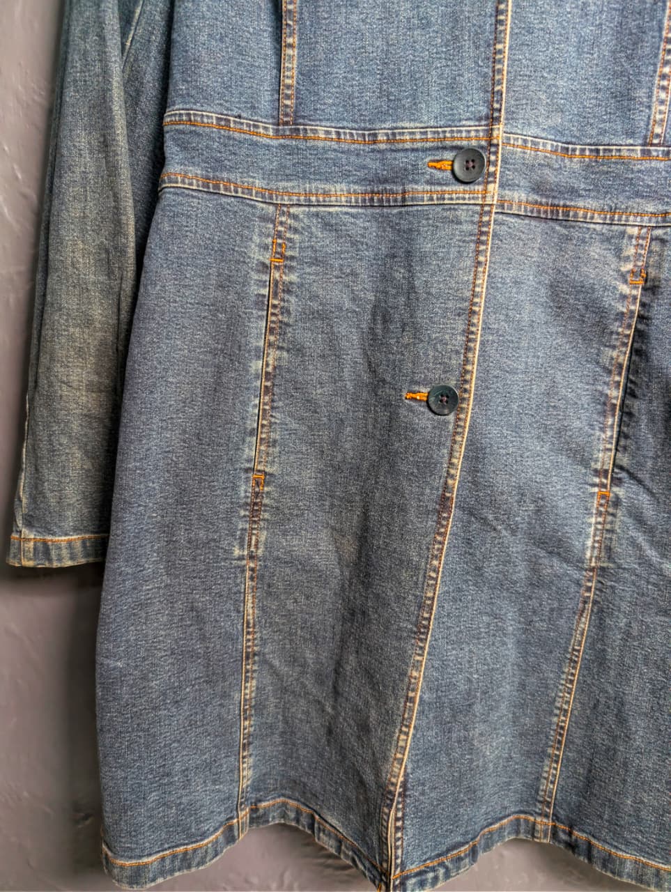 Vintage-inspired, Y2K-era long denim trench coat