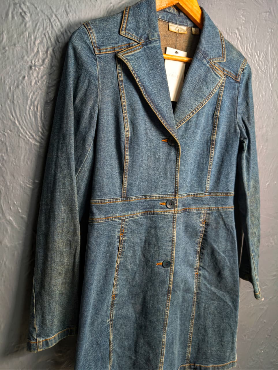 Vintage-inspired, Y2K-era long denim trench coat