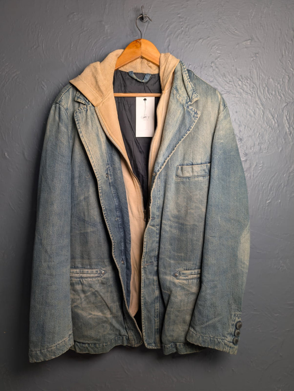 Men's vintage hybrid denim blazer with an integrated hood