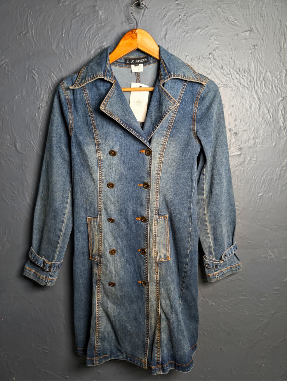 Women's vintage Y2K denim trench coat from the brand L.F Fashion.