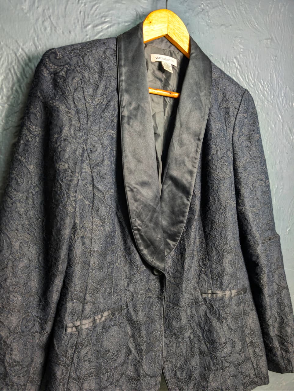 Liz Claiborne black jacquard lace smoking tailored blazer