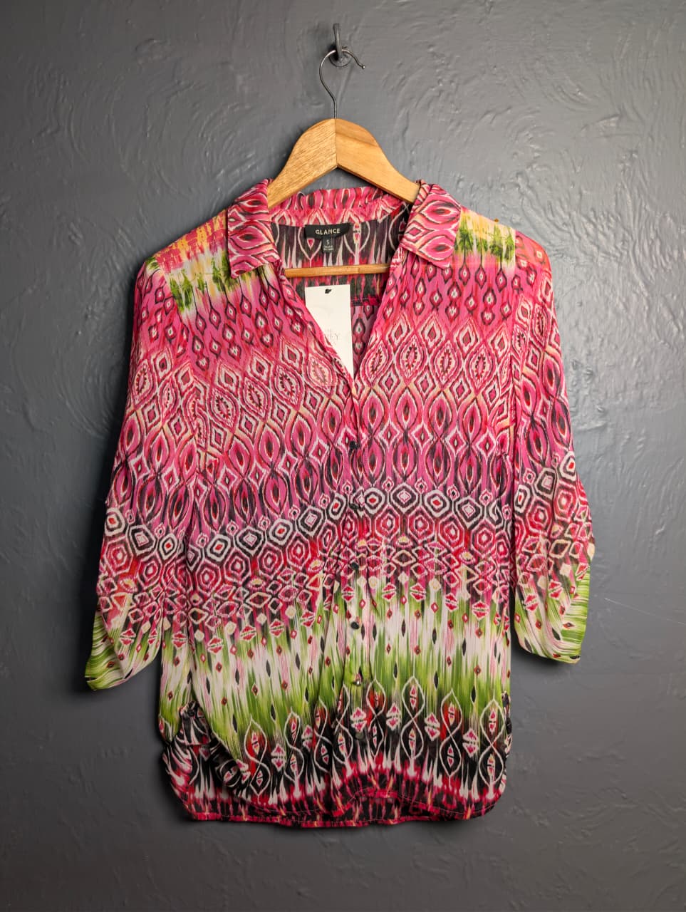 Glance button-down shirt with a pink and green ikat geometric pattern