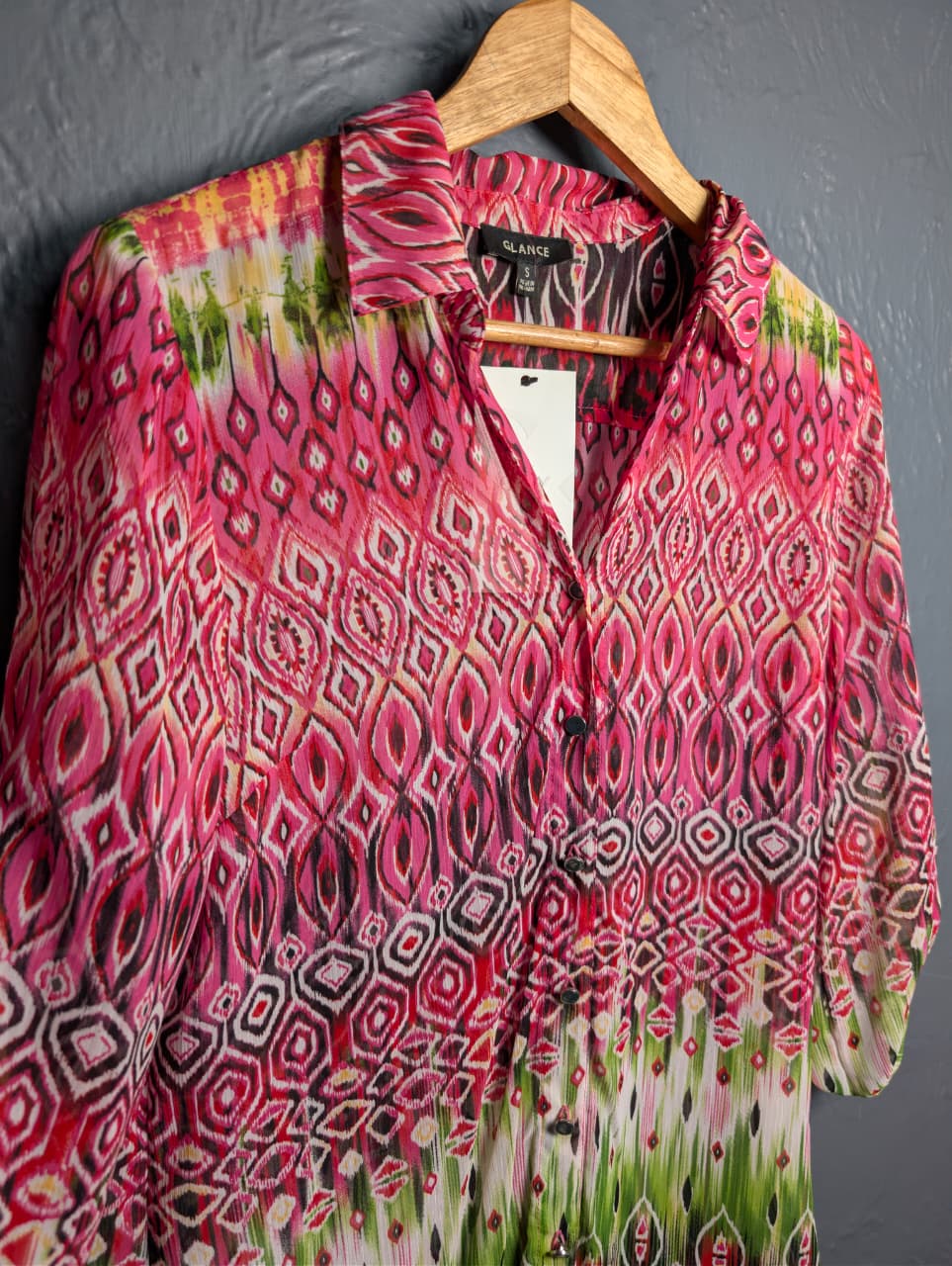 Glance button-down shirt with a pink and green ikat geometric pattern