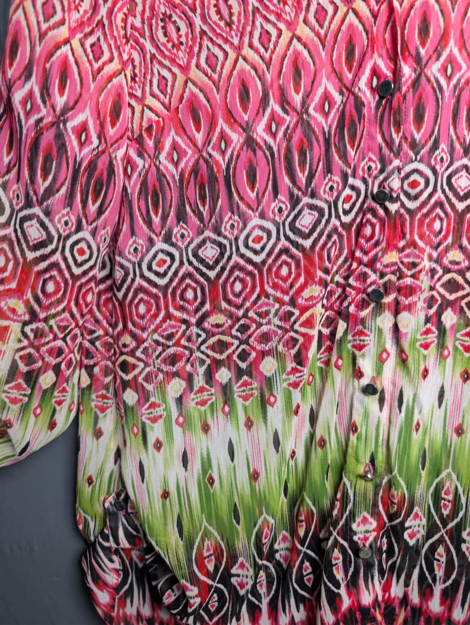 Glance button-down shirt with a pink and green ikat geometric pattern