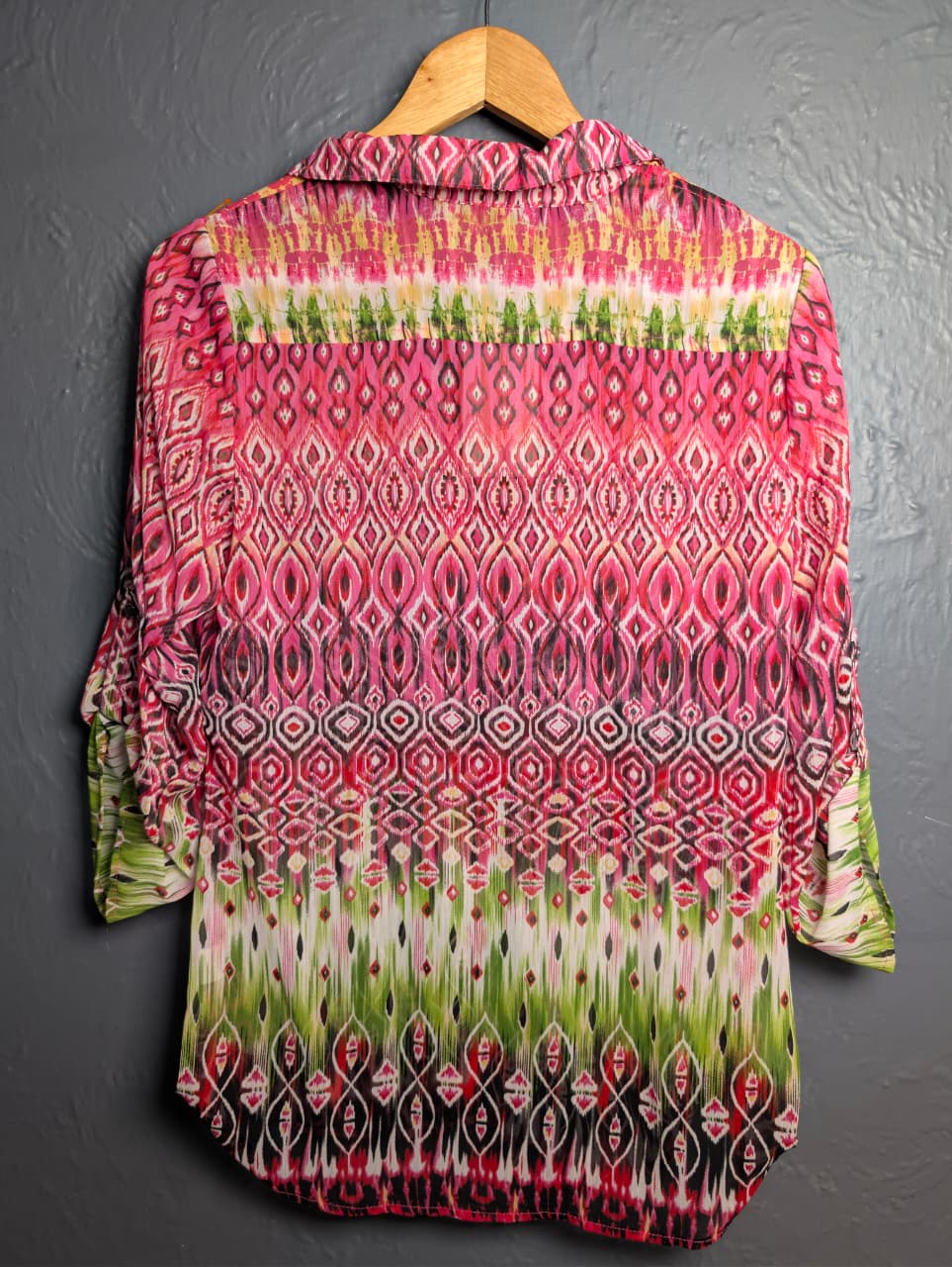 Glance button-down shirt with a pink and green ikat geometric pattern