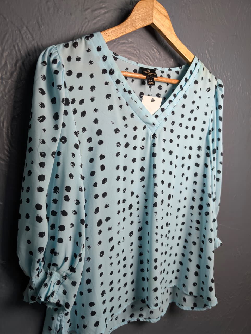 Worthington light blue top with a black polka dot pattern.