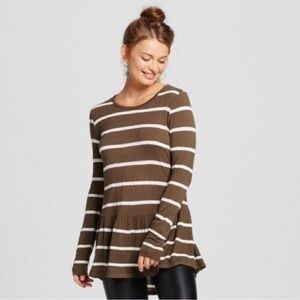 Women's Olive and Ivory striped pattern long top