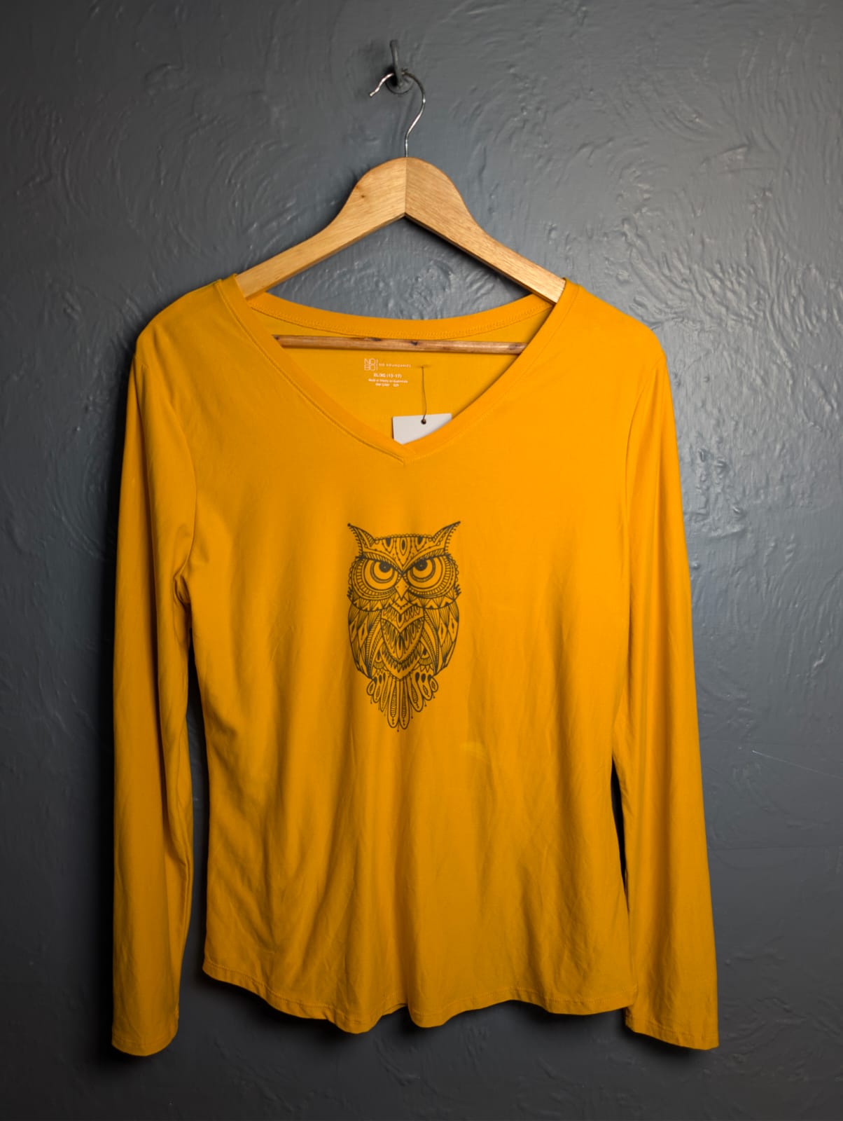 Women's mustard yellow Long Sleeve graphic V-Neck Tee