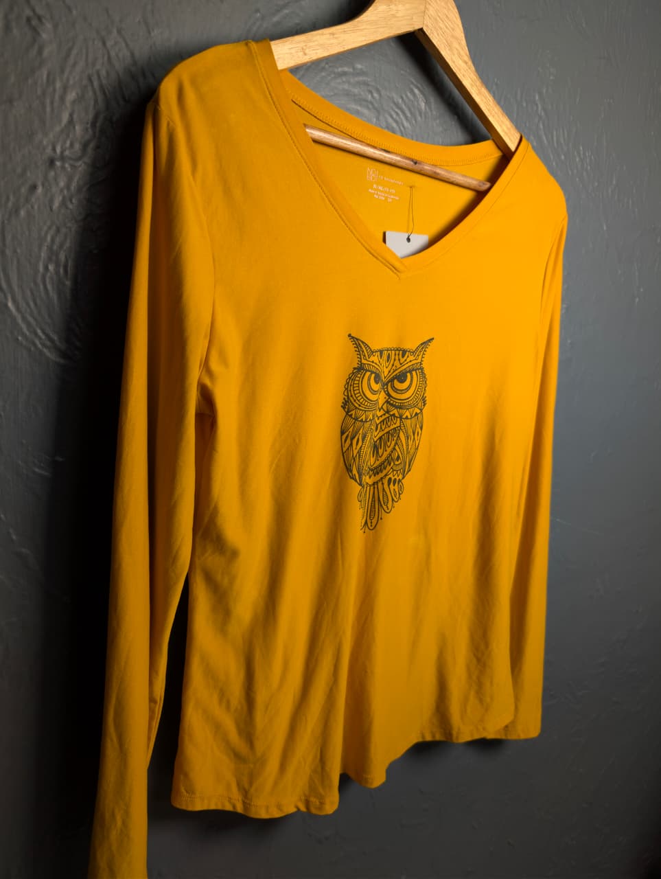 Women's mustard yellow Long Sleeve graphic V-Neck Tee