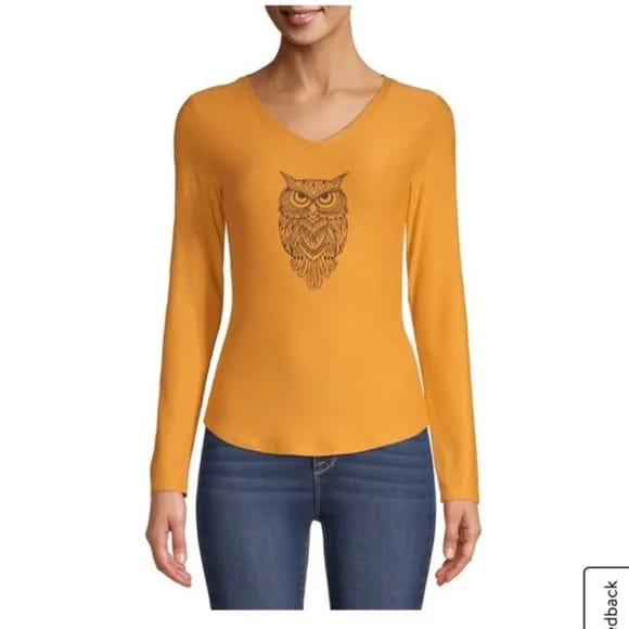 Women's mustard yellow Long Sleeve graphic V-Neck Tee