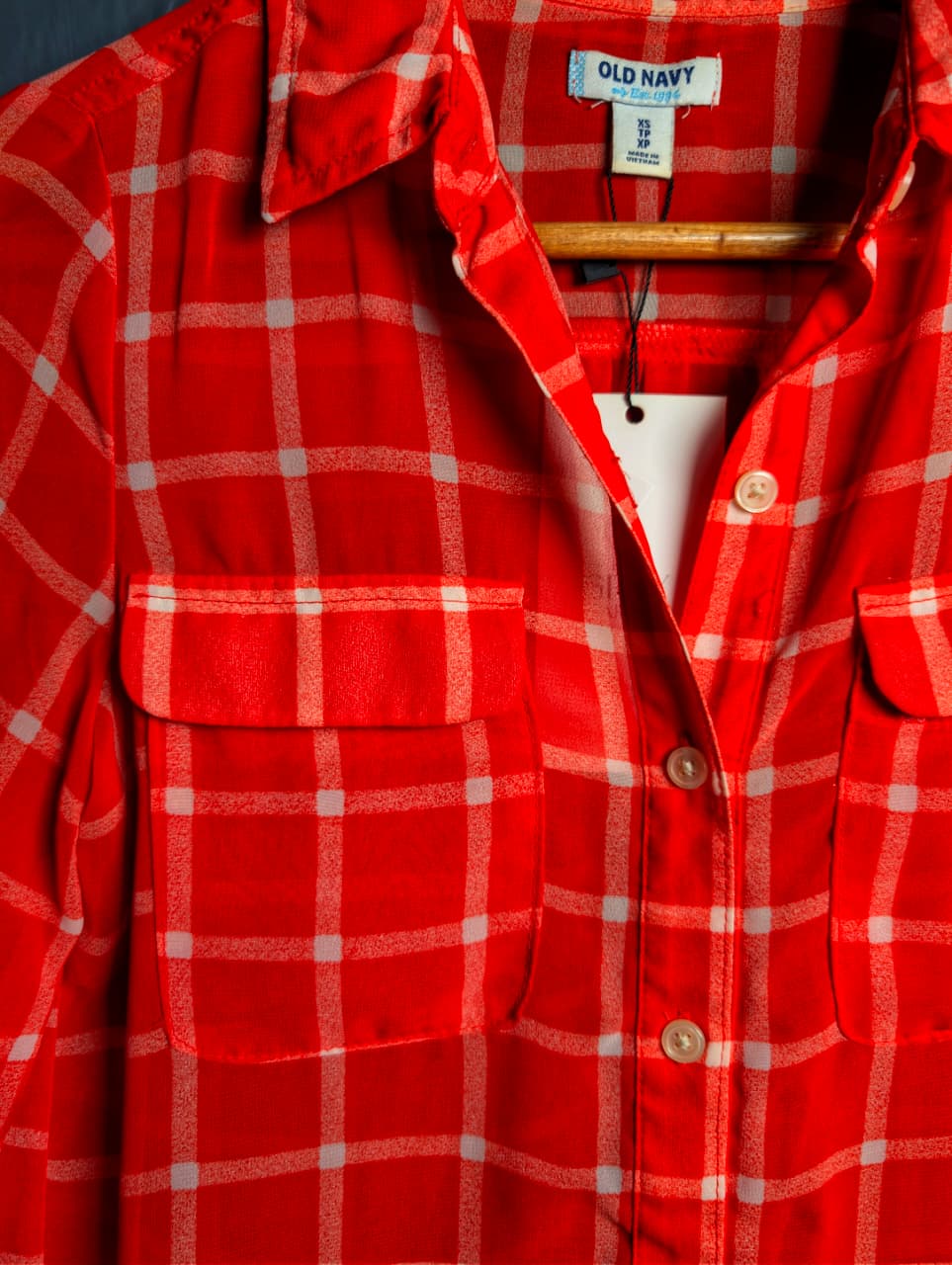 Old Navy red and white plaid button-down shirt.