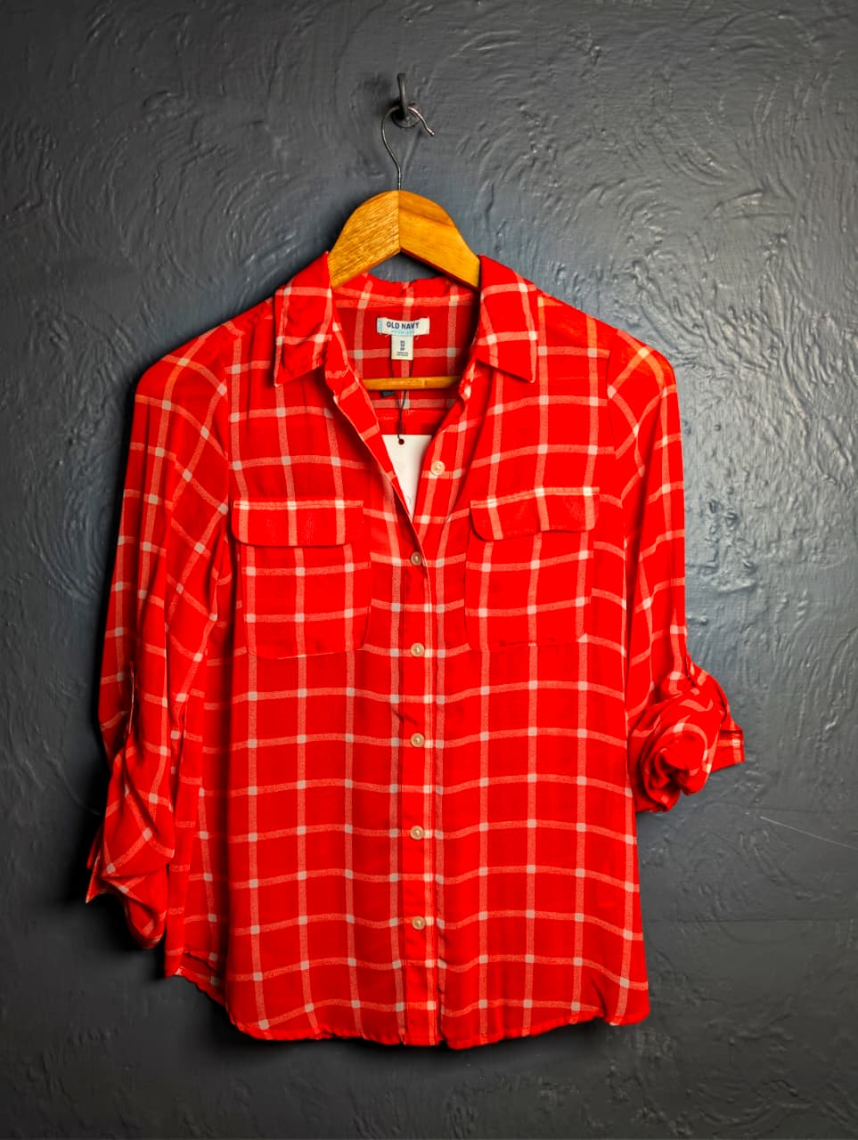 Old Navy red and white plaid button-down shirt.