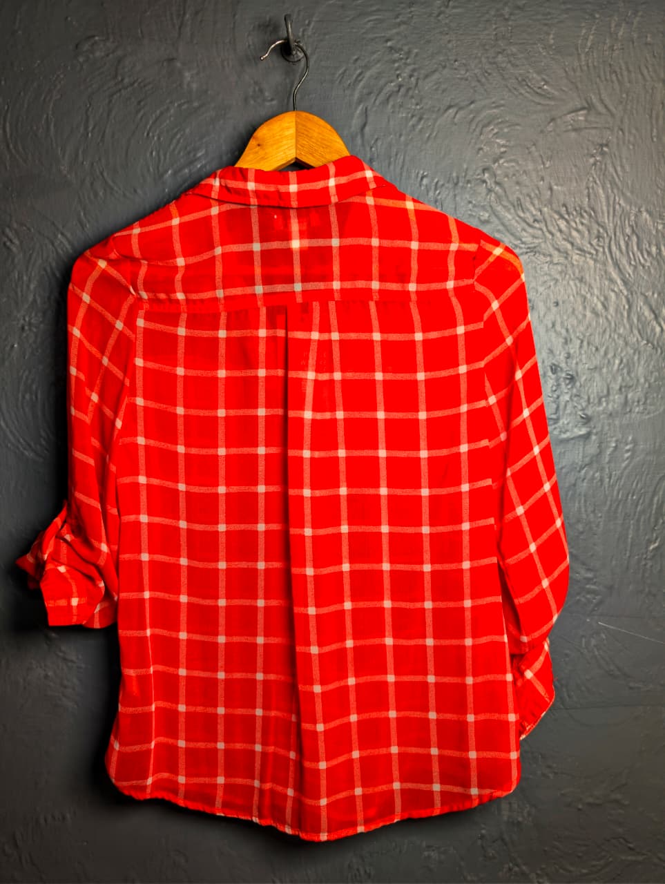 Old Navy red and white plaid button-down shirt.