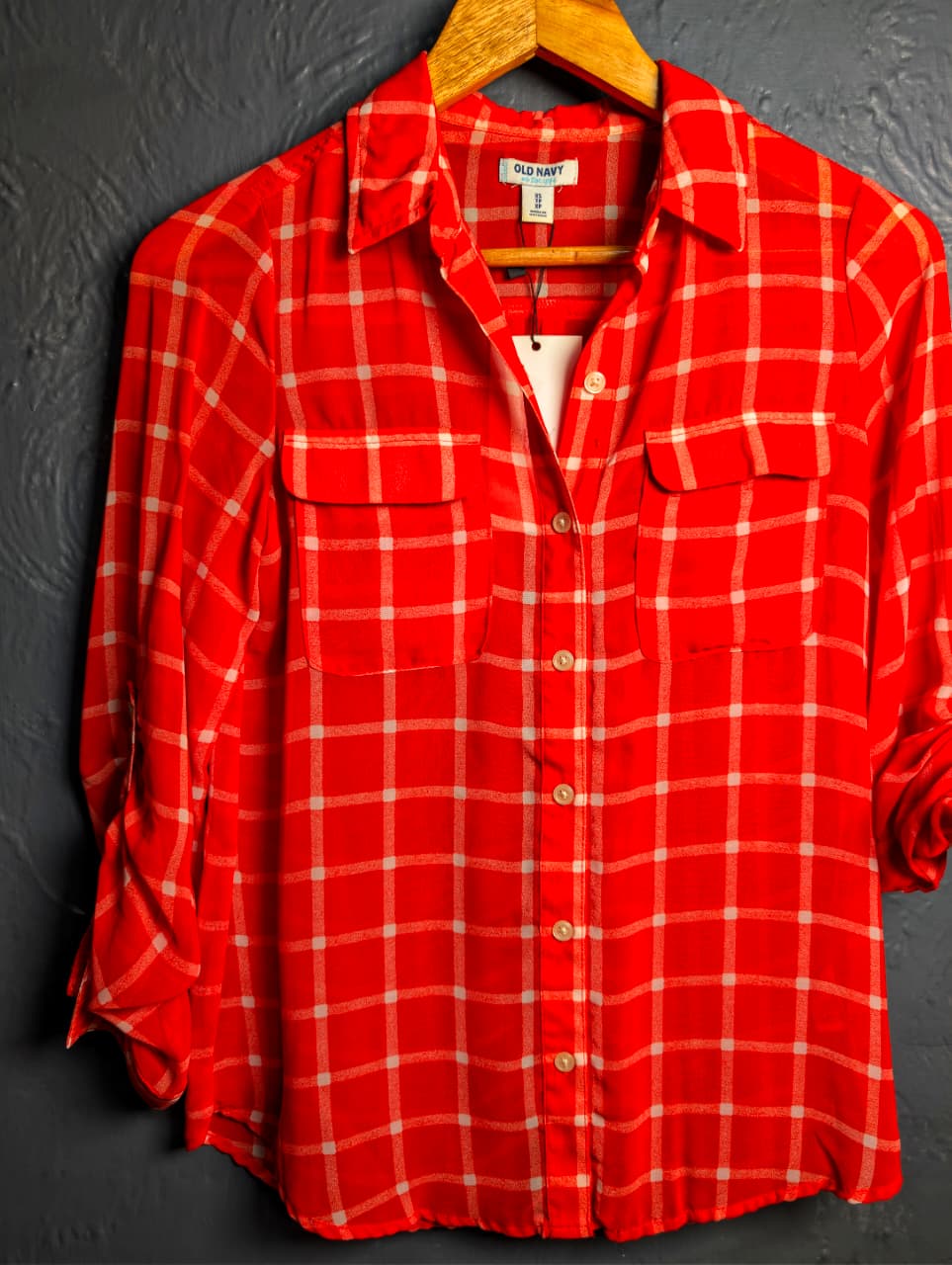Old Navy red and white plaid button-down shirt.