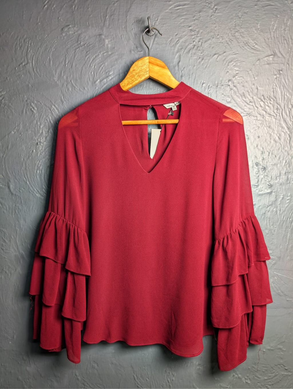 Tuscany Wine Naked Zebra Bell Ruffle Sleeve Chiffon Top