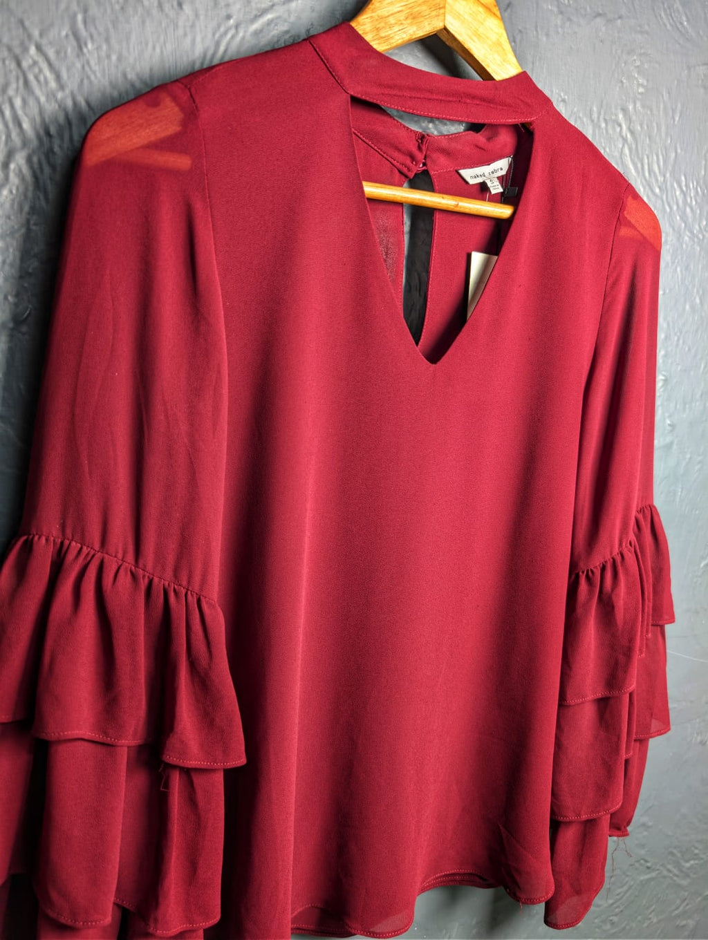 Tuscany Wine Naked Zebra Bell Ruffle Sleeve Chiffon Top