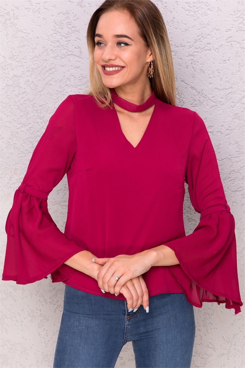 Tuscany Wine Naked Zebra Bell Ruffle Sleeve Chiffon Top