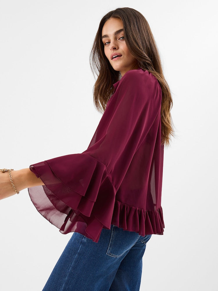 Tuscany Wine Naked Zebra Bell Ruffle Sleeve Chiffon Top