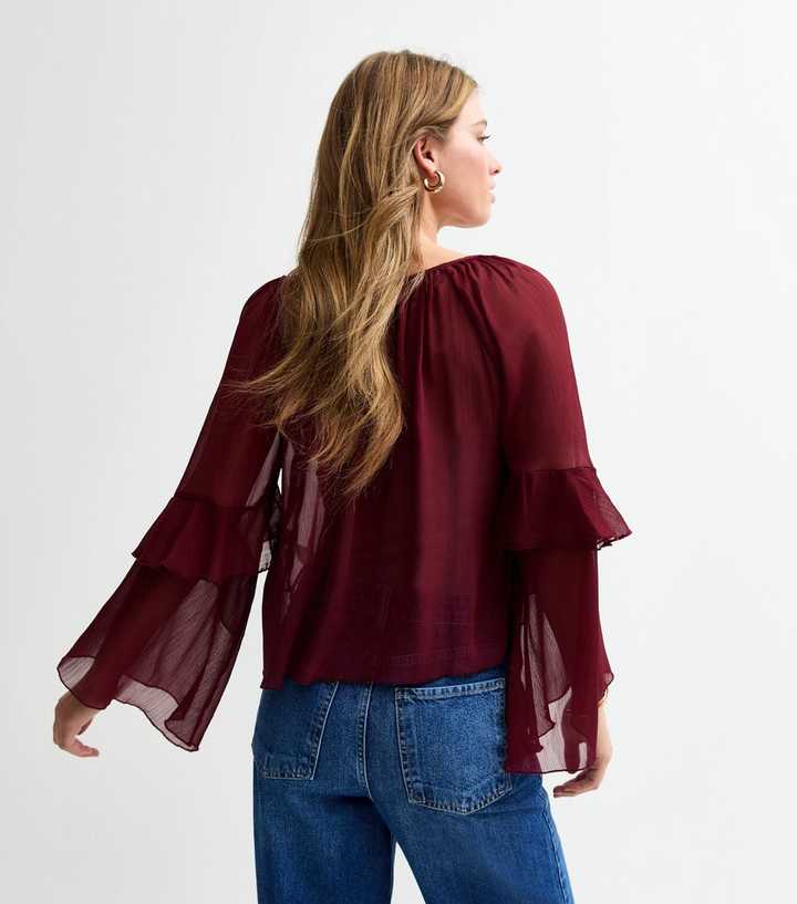 Tuscany Wine Naked Zebra Bell Ruffle Sleeve Chiffon Top