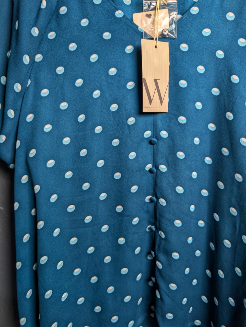 Brand New Worthington teal & polka dot top featuring short puff sleeves and a v-neckline.
