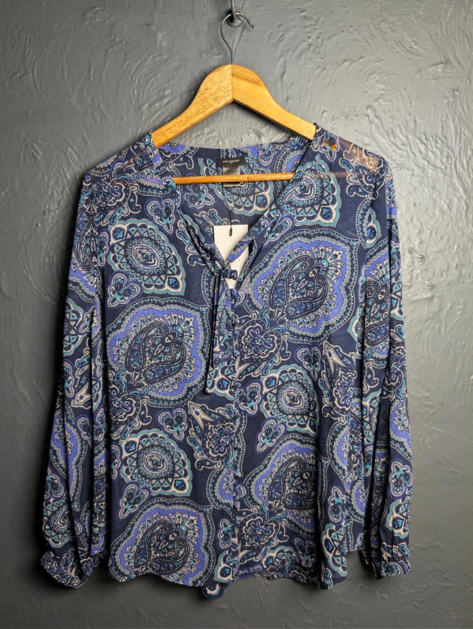 Ann Taylor blue paisley print long-sleeve blouse