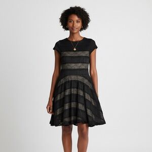 Designer black mesh and textured lace, knee-length cocktail dress