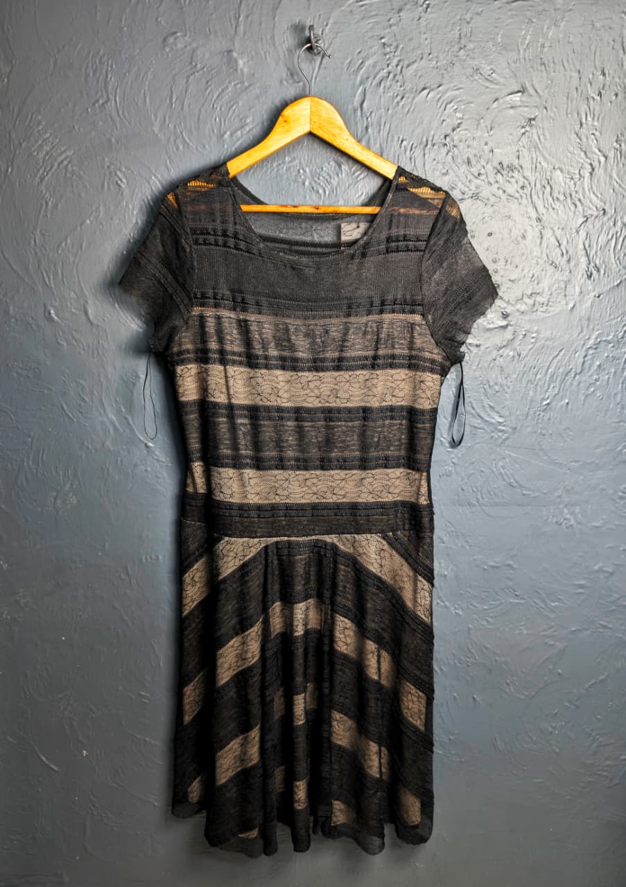 Designer black mesh and textured lace, knee-length cocktail dress