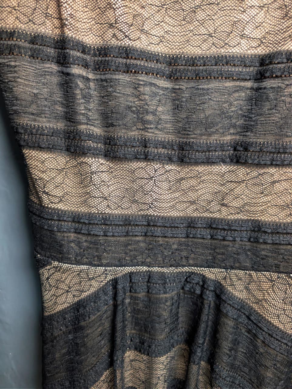 Designer black mesh and textured lace, knee-length cocktail dress