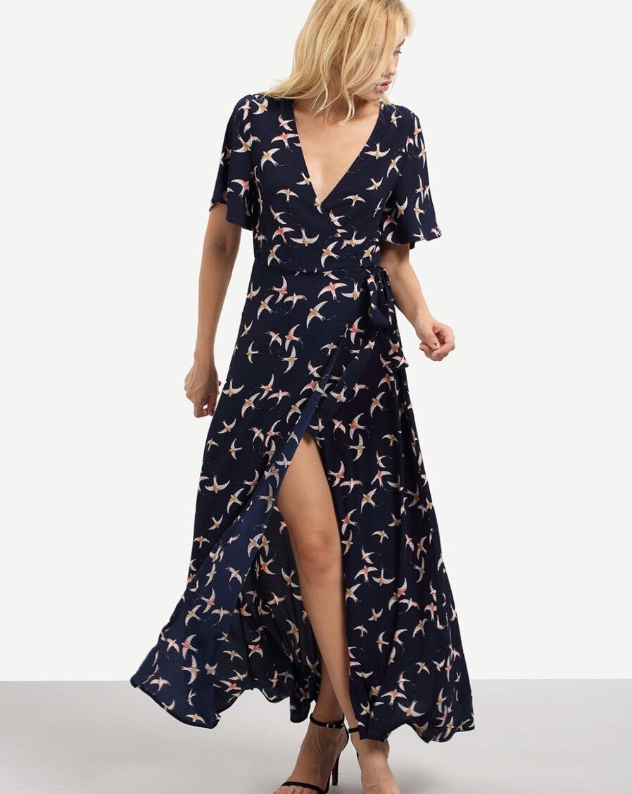 Women's Migration Dress wrap-style dress with bird print pattern