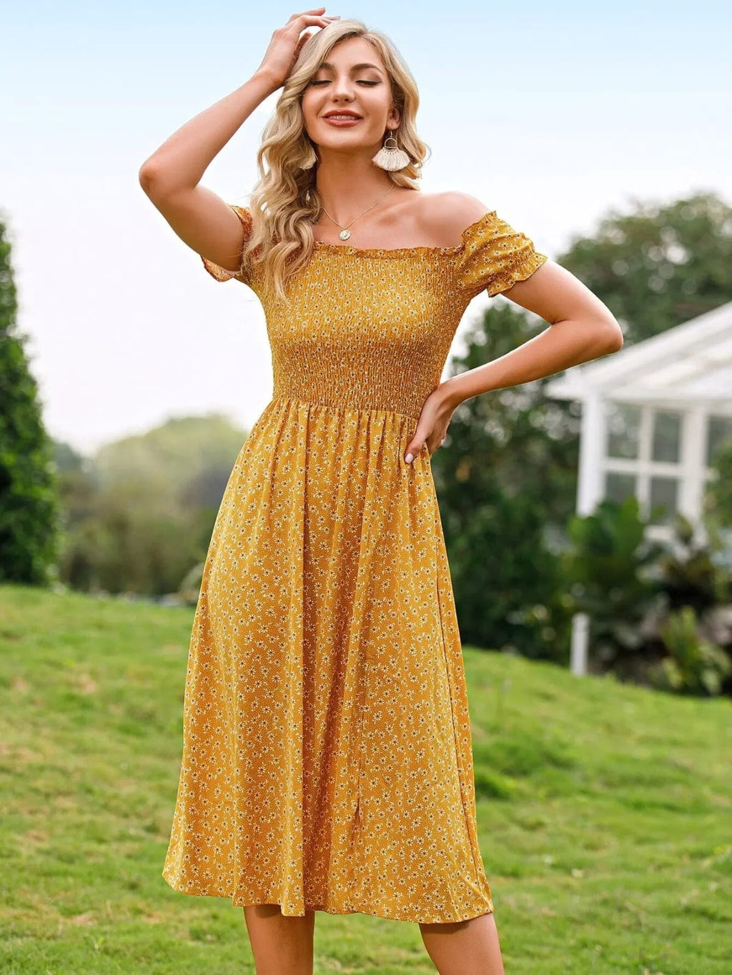 Xhilaration BOHO mustard yellow floral off-shoulder lined dress