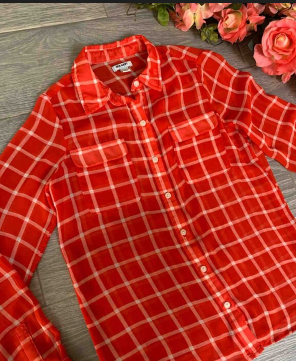 Old Navy red and white plaid button-down shirt.
